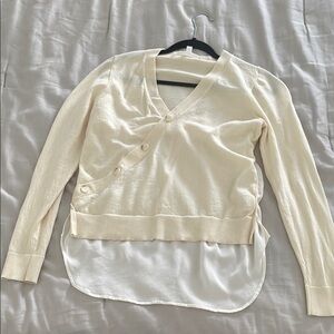 Veronica Beard Cream Button-Up Sweater with Sheer Hem